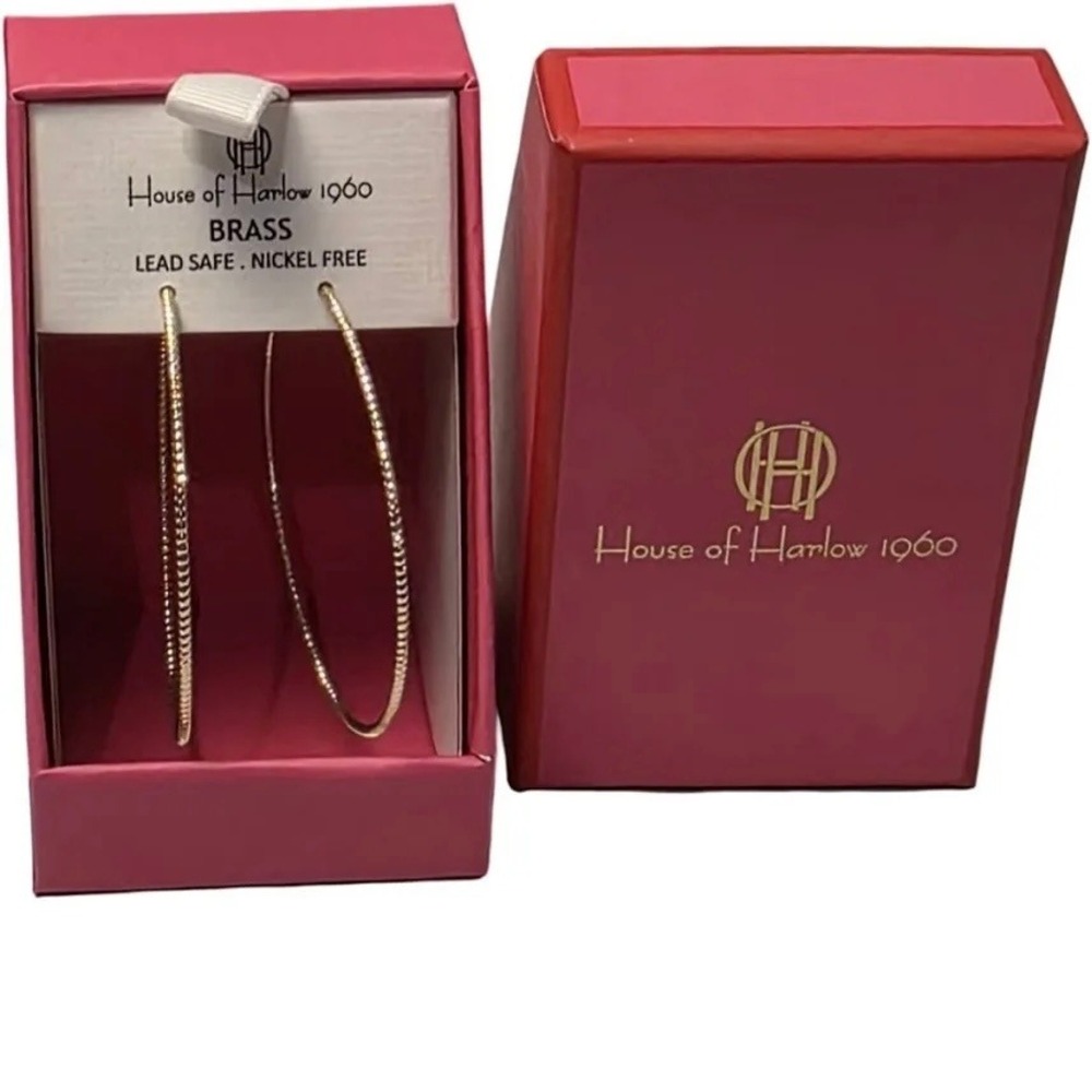 House of Harlow 1960 Gold Tone Brass Beaded Hoop Earrings NIB